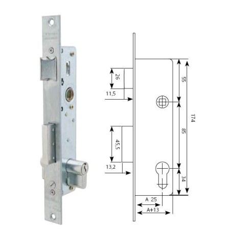 CERRADURA EMBUTIR TESA ref. 2210/38/SSI SIN CERRADERO NI ESCUDOS, CON RESBALÓN Y PALETÓN DESLIZANTE