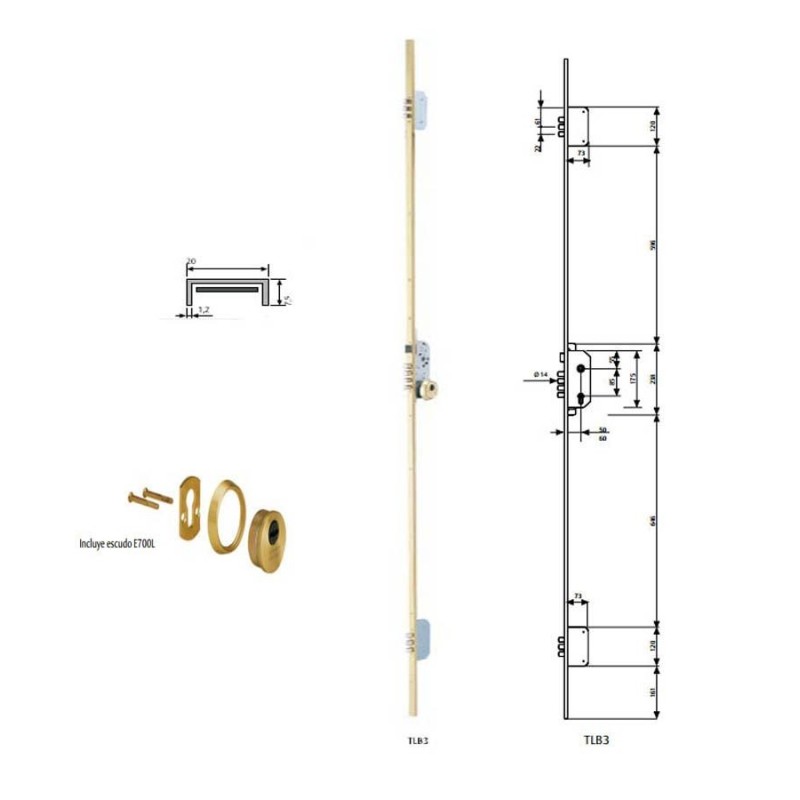 CERRADURA SEGURIDAD TESA TLB3566LE PARA PUERTA THT 3 PUNTOS CON RESBALON Y  BULONES