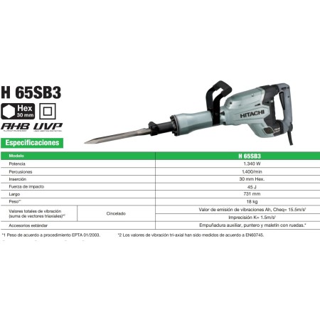 MARTILLO ELECTRICO DEMOLEDOR HITACHI H65SB3 PARA HERRAMIENTA HEXAGONAL DE 30mm
