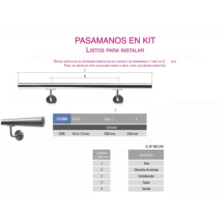 KIT PARA PASAMANOS DE ACERO INOXIDABLE DE 2 METROS