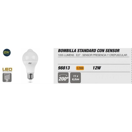 BOMBILLA LED EDM E27 12W 1055Lm 3200K CON SENSOR PRESENCIA Y CREPÚSCULAR DE LUZ CÁLIDA