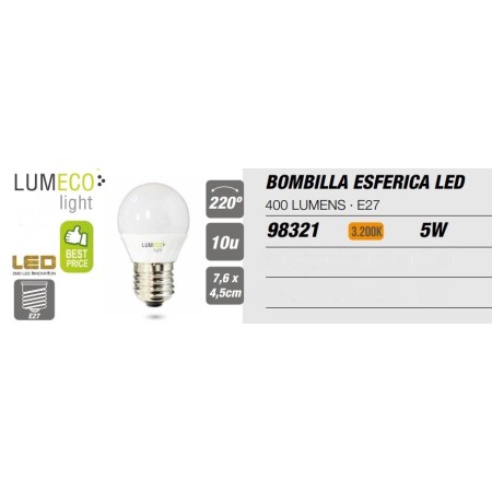 BOMBILLA LED LUMECO LIGHT E27 Ø45x76mm 5W 3200K 400Lm DE LUZ CÁLIDA.