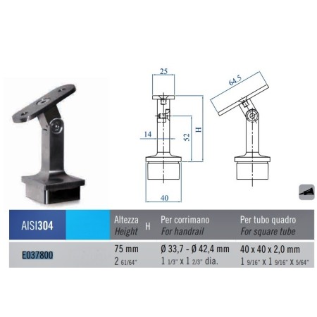 SOPORTE DE PASAMANOS DE 40x40mm CON RÓTULA Y CUNA PARA TUBO DE Ø42