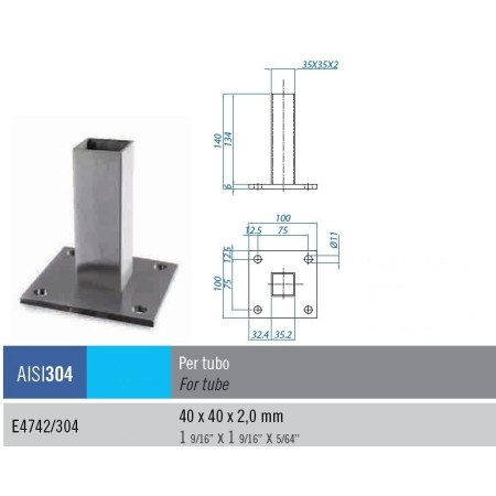 BASE DE ANCLAJE DE ACERO INOXIDABLE PARA EMBUTIR TUBO DE 40x40mm ref, E4742