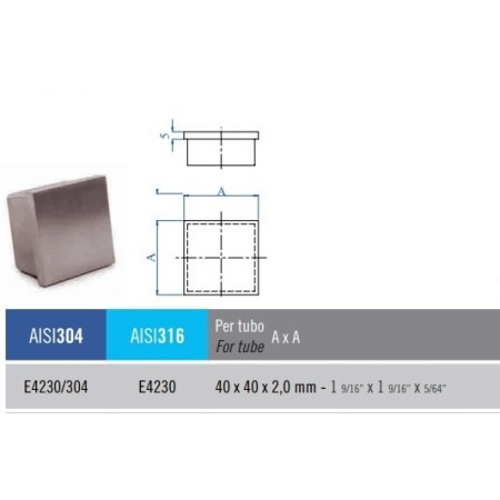 TAPÓN INOXIDABLE AISI 316 PARA TUBO CUADRADO DE 40x40mm
