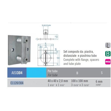BASE DE ANCLAJE LATERAL INOXIDABLE DE 100x100mm  PARA TUBO DE 40x40mm.
