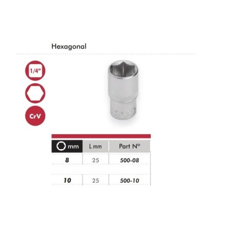LLAVE VASO CON BOCA HEXAGONAL DE 1/4" DOGHER DE 8mm COD. 500-08