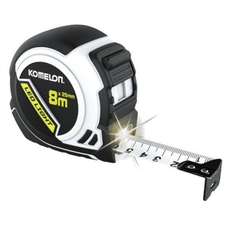 FLEXOMETRO KOMELON DE 8m y 25m DE ANCHO CON LUZ LED Y DE DOBLE CARA