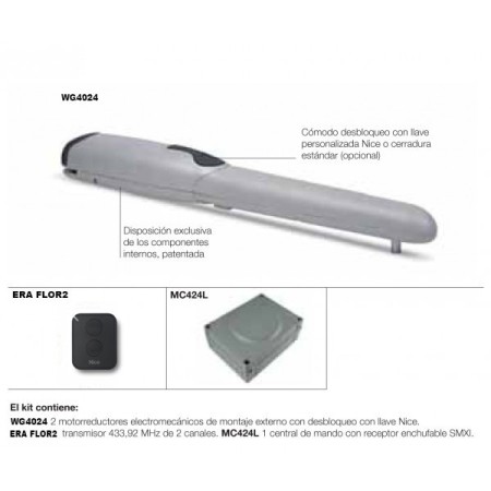 Kit para puertas abatibles 2 hojas, hasta 2.00 m. por hoja 24V Nice