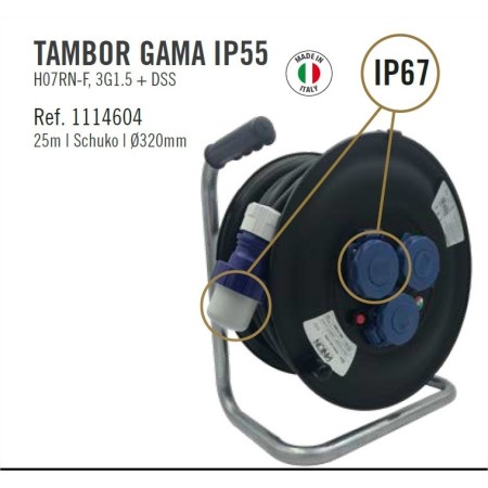 ALARGADERA EXTENSIBLE DE 25m 3G1.5+DSS SCHUKO GAMA IP67/IP55