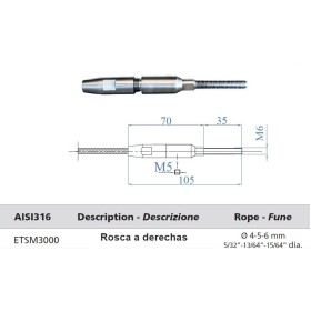TERMINAL INOXIDABLE IamDESIGN/GONZATO PARA CABLE Ø5mm MACHO A DERECHAS ref. ETSM3000