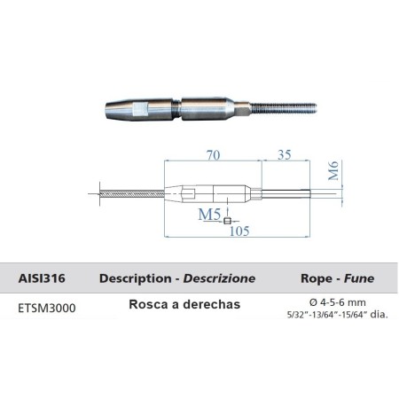 TERMINAL INOXIDABLE PARA CABLE Ø5mm MACHO A DERECHAS ref. ETSM3000