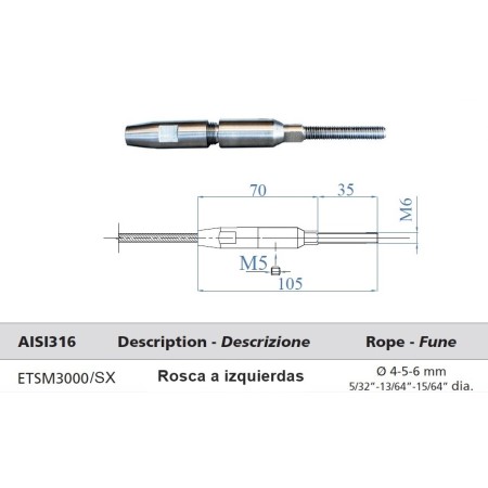TERMINAL INOXIDABLE IamDESIGN/GONZATO PARA CABLE Ø5mm MACHO A IZQUIERDAS ref. ETSM3000/SX