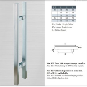 TIRADOR INOXIDABLE DE TUBO CUADRADO 25X25mm. MOD.425 DOBLE (JUEGO)