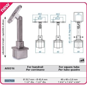 SOPORTE DE PASAMANOS REGULABLE DE 40x40mm CON RÓTULA Y CUNA PARA TUBO DE Ø42mm
