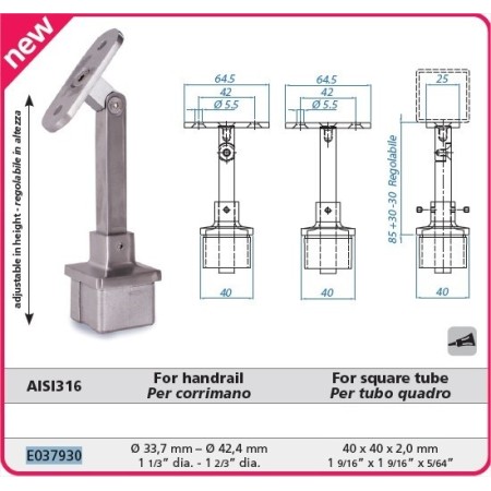 SOPORTE DE PASAMANOS REGULABLE DE 40x40mm CON RÓTULA Y CUNA PARA TUBO DE Ø42mm