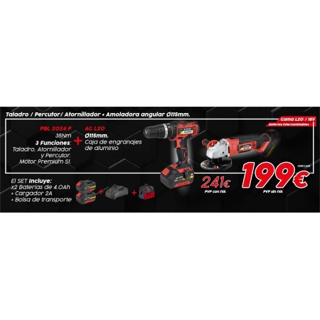 PACK 18VATORNILLADOR STAYER PBL2024P + AMOLADORA AGL20 STAYER + 2 BATERÍAS 4Ah + BOLSA DE TRANSPORTE