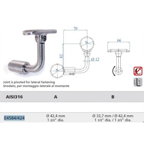 SOPORTE INOXIDABLE  PARA UN SEGUNDO PASAMANOS PARA TUBO Ø42,4mm ARTICULADO ref. E4584/424