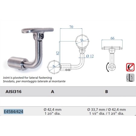 SOPORTE INOXIDABLE  PARA UN SEGUNDO PASAMANOS PARA TUBO Ø42,4mm ARTICULADO ref. E4584/424