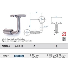 SOPORTE INOXIDABLE  PARA UN SEGUNDO PASAMANOS PARA TUBO Ø42,4mm FIJO ref. E4587