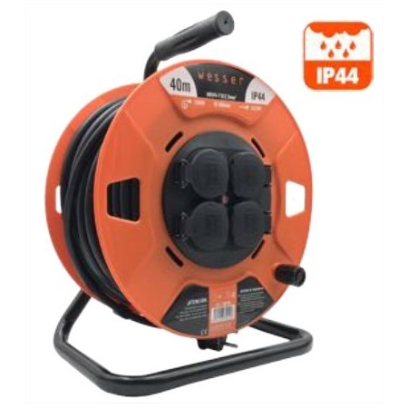 ALARGADERA EXTENSIBLE WESSER DE 40m CABLE DE  3x2.5 Y 4  BASES DE CORRIENTE IP44.