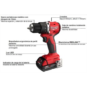 TALADRO PERCUTOR 18V MILWAUKEE M18 BLPDRC-402C 61Nm COMPACTO