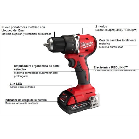TALADRO PERCUTOR 18V MILWAUKEE M18 BLPDRC-402C 61Nm COMPACTO