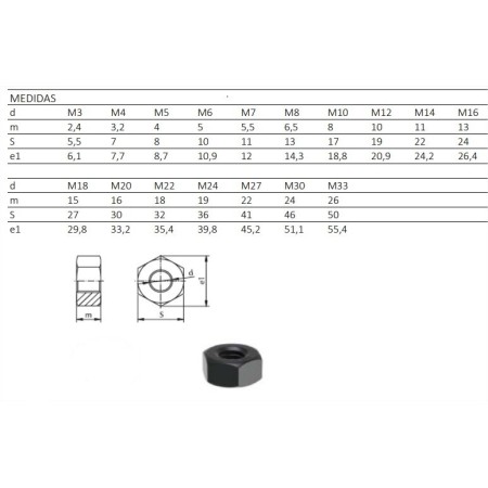 TUERCA HEXAGONAL DIN.934 CALIDAD 8 PAVONADA M-16 (€/100uds)