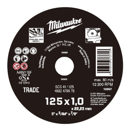 DISCO MILWAUKEE CONTRACTOR Ø125x1mm CORTE INOX ref. 4932479578