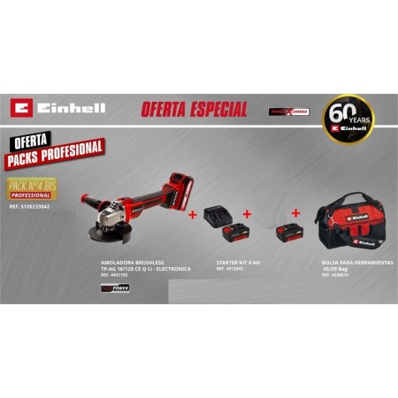 AMOLADORA 18V EINHELL TP-AG 18/125 CE Q Li 2x4Ah + BOLSA HERRAMIENTAS ref. 5120233042