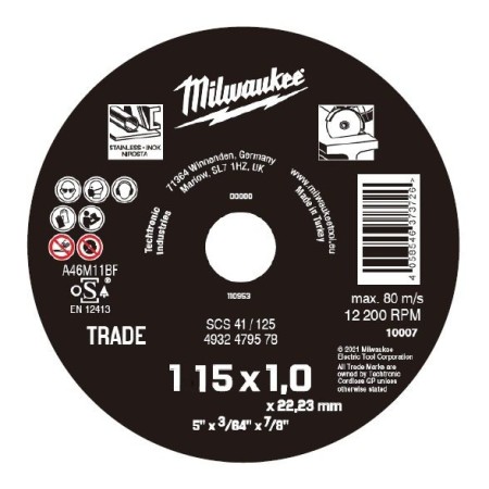 DISCO MILWAUKEE CONTRACTOR Ø115x1mm CORTE INOX