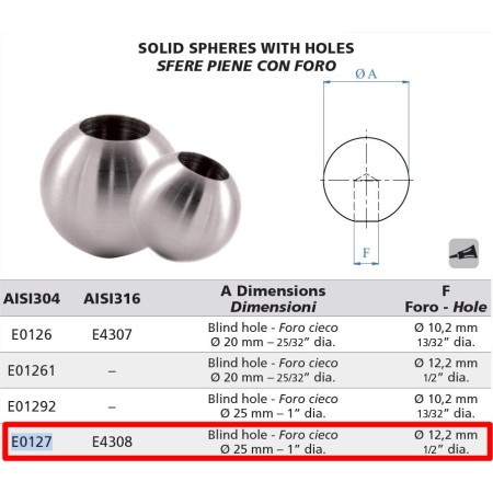REMATE DE BOLA EN ACERO INOXIDABLE PARA VARILLA DE 12mm ref. E0127