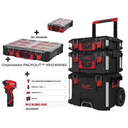 CARRO PACKOUT MILWAUKEE COMPLETO (3pzs) + 2 MALETINES + ATORNILLADOR DE BATERÍA ref. 4932464244