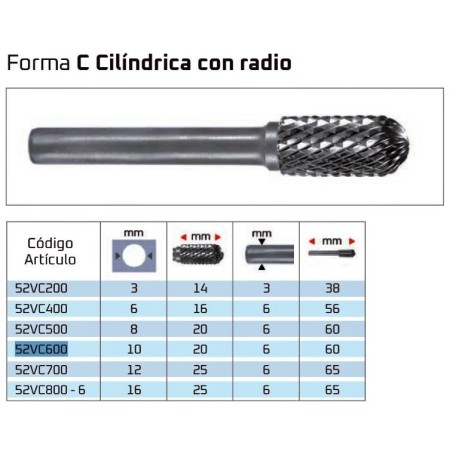 FRESA ROTATIVA GILLCUT CILÍNDRICA CON RADIO Ø10 ref. 52VC600