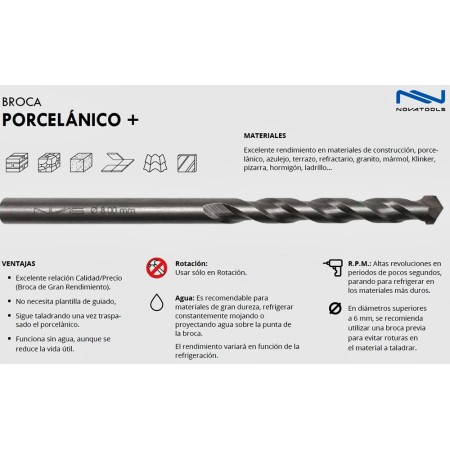 BROCA CILÍNDRICA PORCELÁNICO+ NOVATOOLS Ø12x160mm ref. QTC01200
